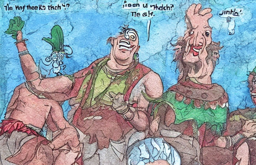 Three Male Characters Laughing with Speech Bubbles in Hand-Drawn Style