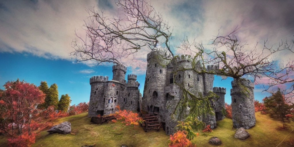 Stone castle with towers in autumnal setting under dramatic sky