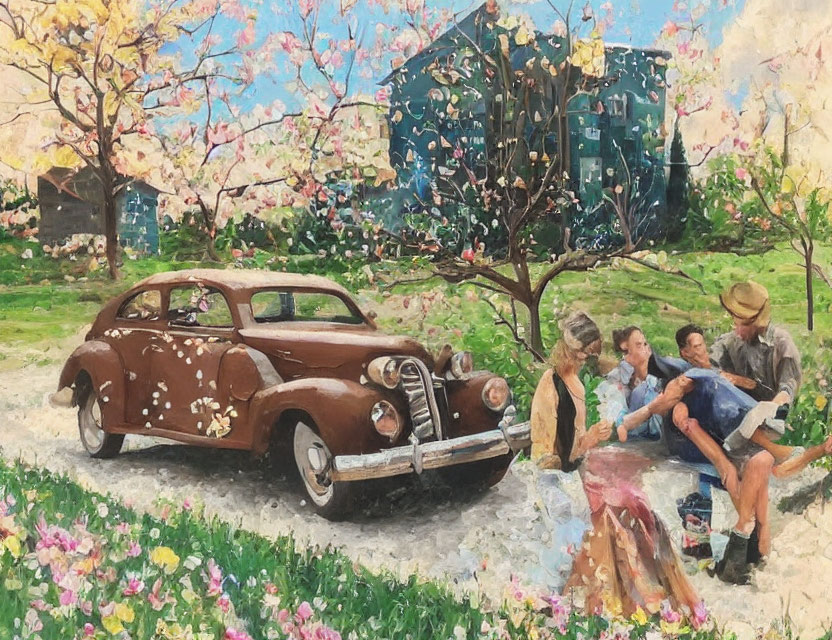 Vintage brown car parked by blossoming tree with family picnic on sunny day