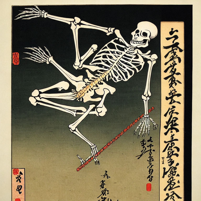 Japanese Ukiyo-e Style Woodblock Print of Dancing Skeleton