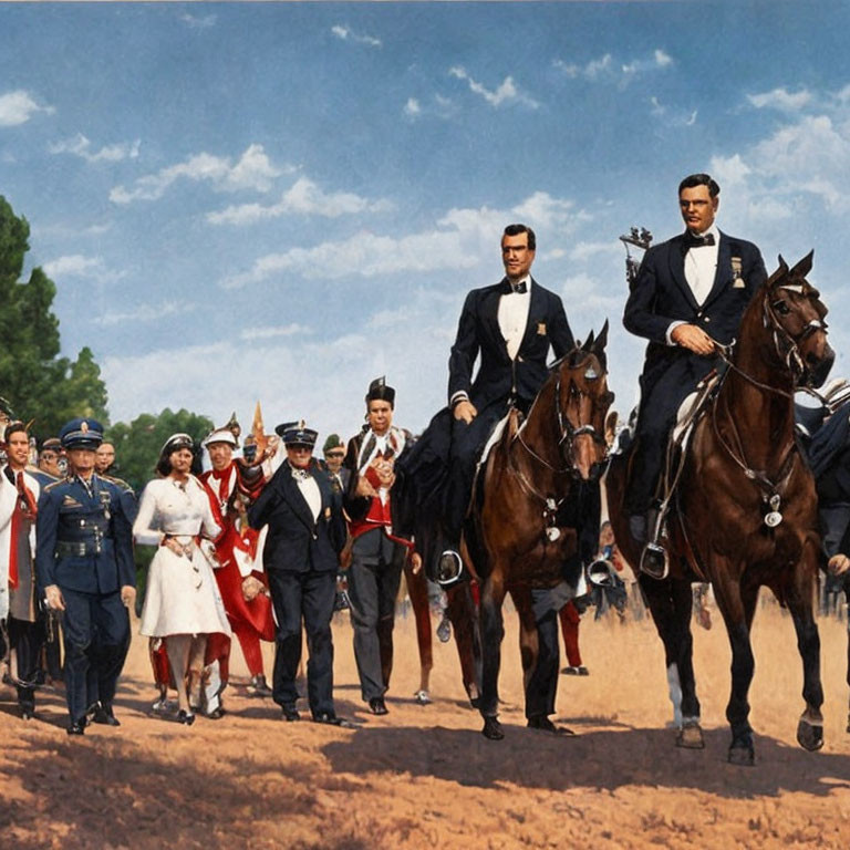 Elegantly Dressed People on Horseback with Military Personnel Observing