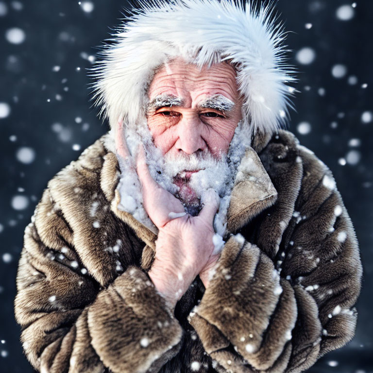 Elderly man in fur hood and coat gazes thoughtfully in snowy scene