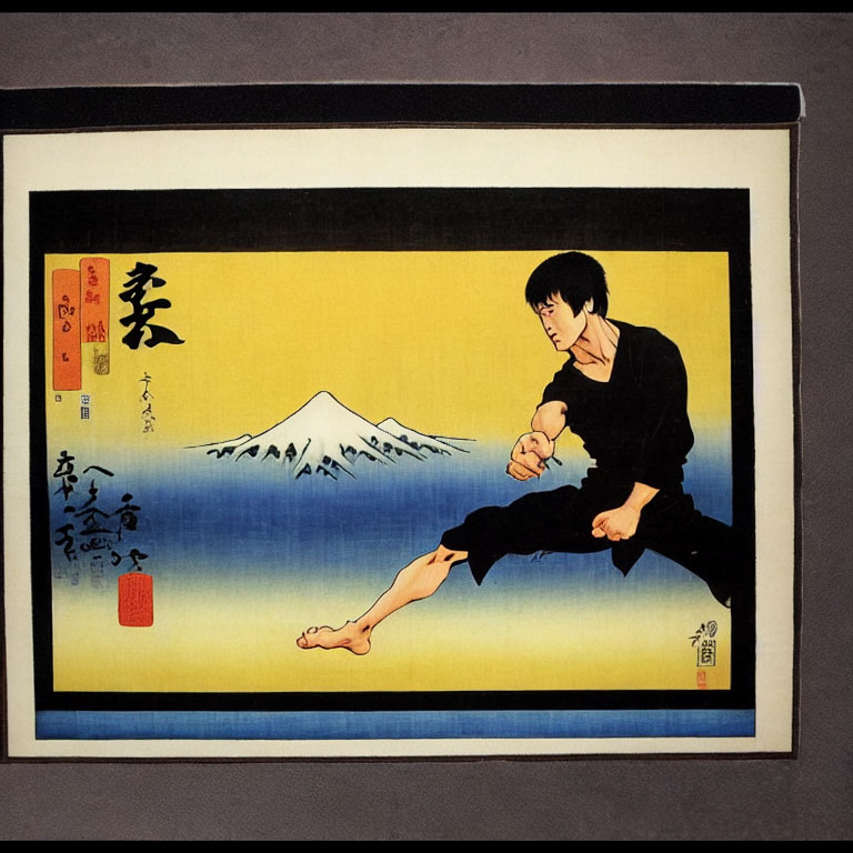 Black-clad martial artist executing high kick with Mount Fuji backdrop in Japanese art style