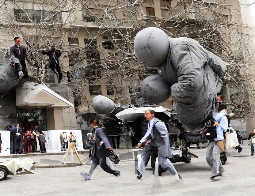 Urban surreal scene with giant balloon-like sculptures and floating figures.