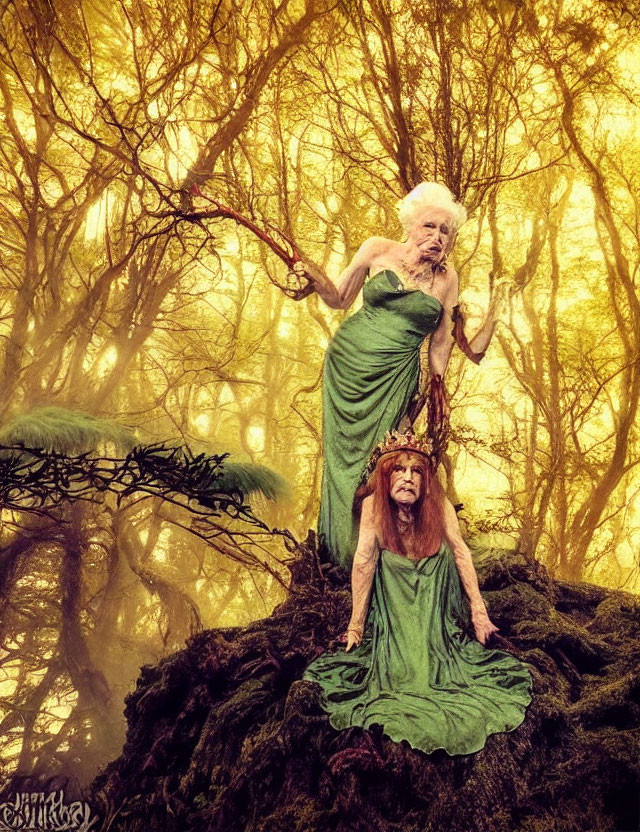 Ethereal women intertwined with a tree in mystical forest