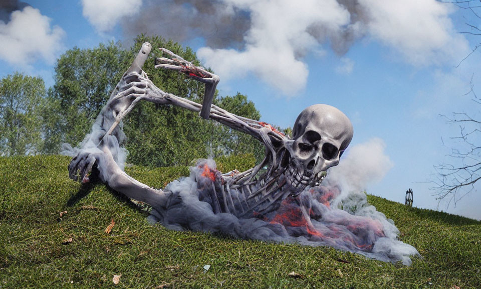 Realistic digital artwork of skeleton on grass with large skull and red mist.