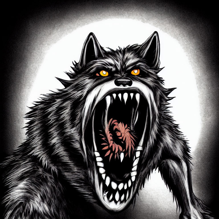 Menacing werewolf with bared teeth and glowing red eyes in dark background