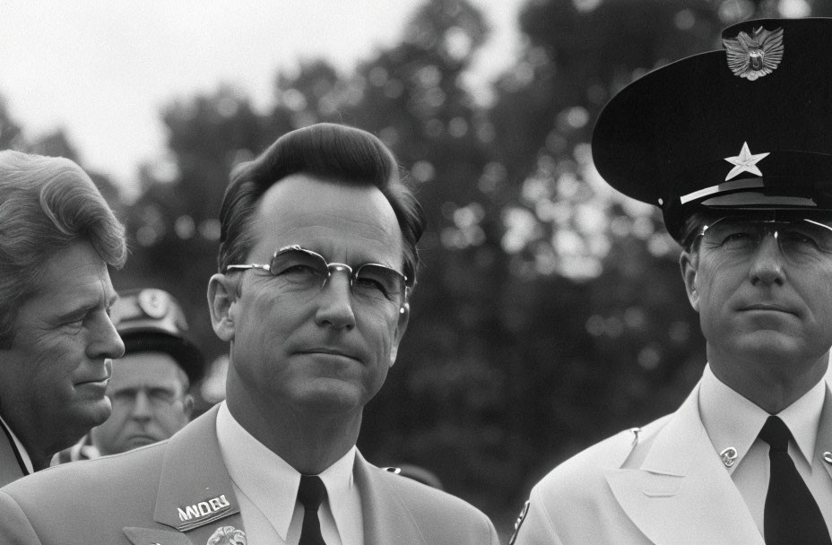 Two Men in Formal Uniforms with Badges at Serious Event