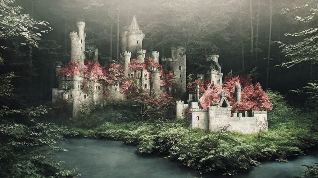 Overgrown castle in dense forest with red foliage and misty ambiance