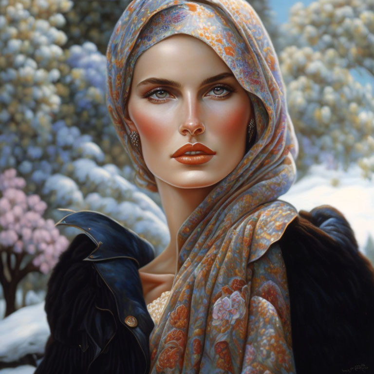 Portrait of woman with blue eyes in floral scarf and fur coat among blooming trees