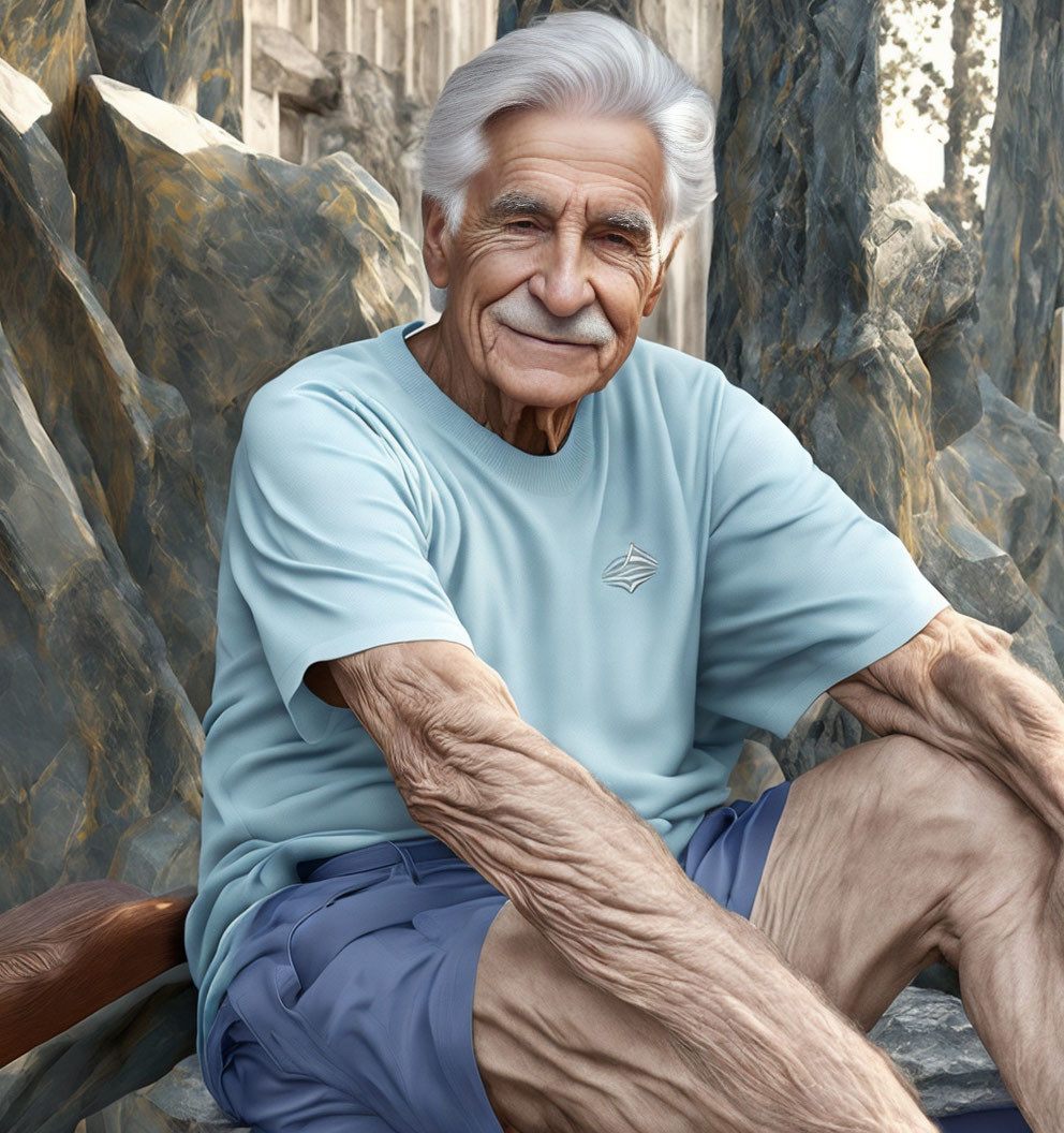 Elderly Man Smiling on Bench Against Rocky Background