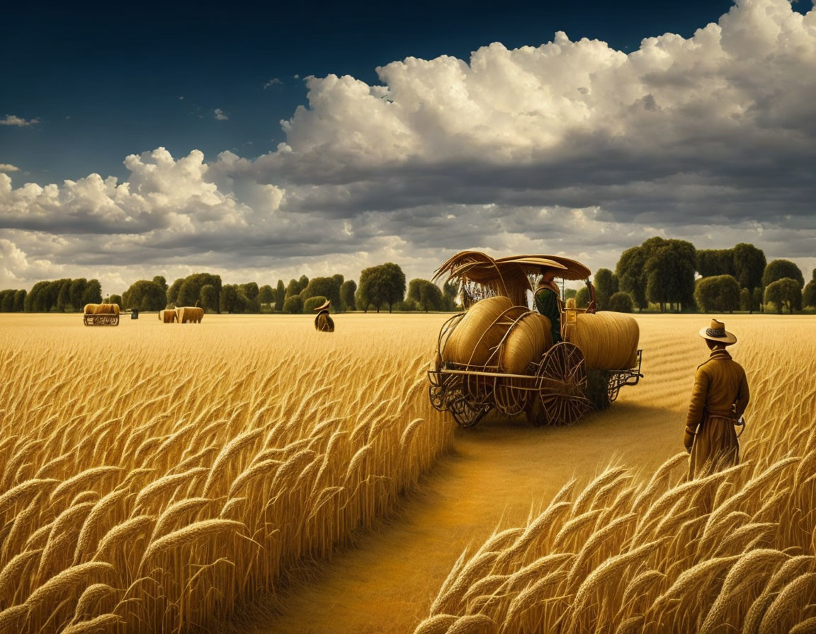 Rural landscape with people in hats harvesting hay in wheat fields