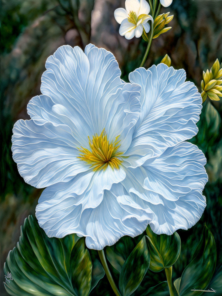 Detailed painting of white flower with ruffled petals, yellow center, surrounded by green foliage.