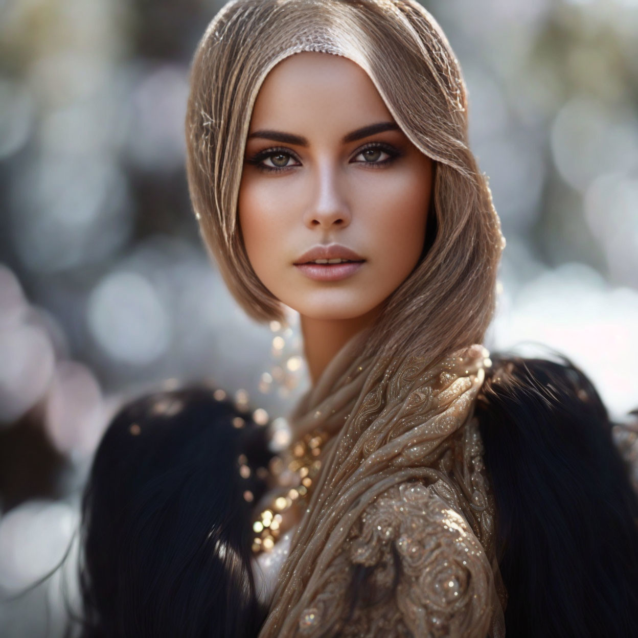 Elegant woman with striking eyes in ornate golden attire