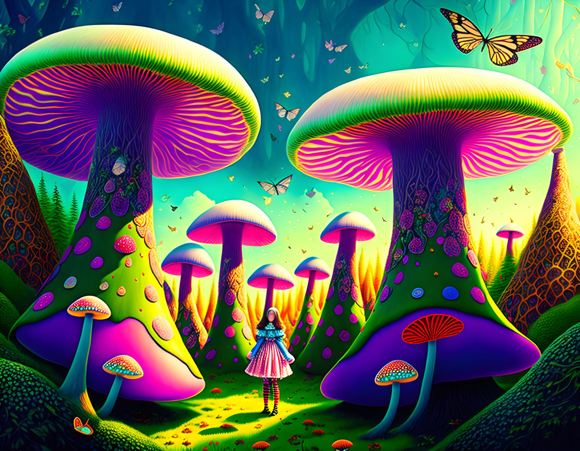 Colorful Mushroom Fantasy Landscape with Girl and Butterflies