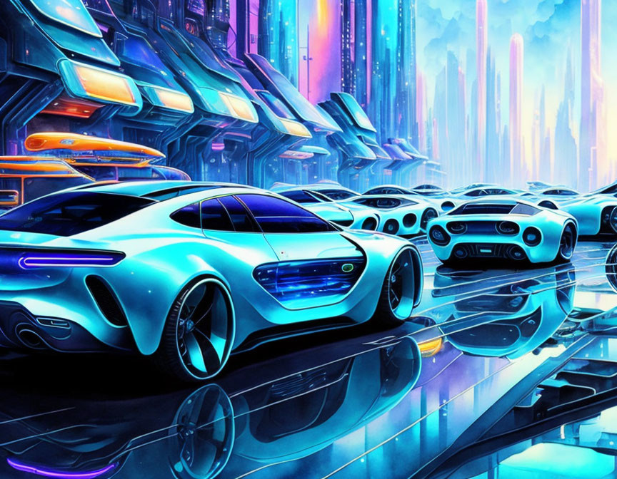 Sleek futuristic cars on reflective surface with neon-lit skyscrapers