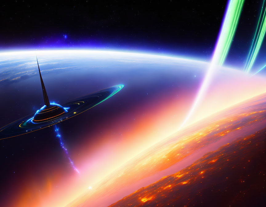 Futuristic spaceship orbiting Earth with energy beam.