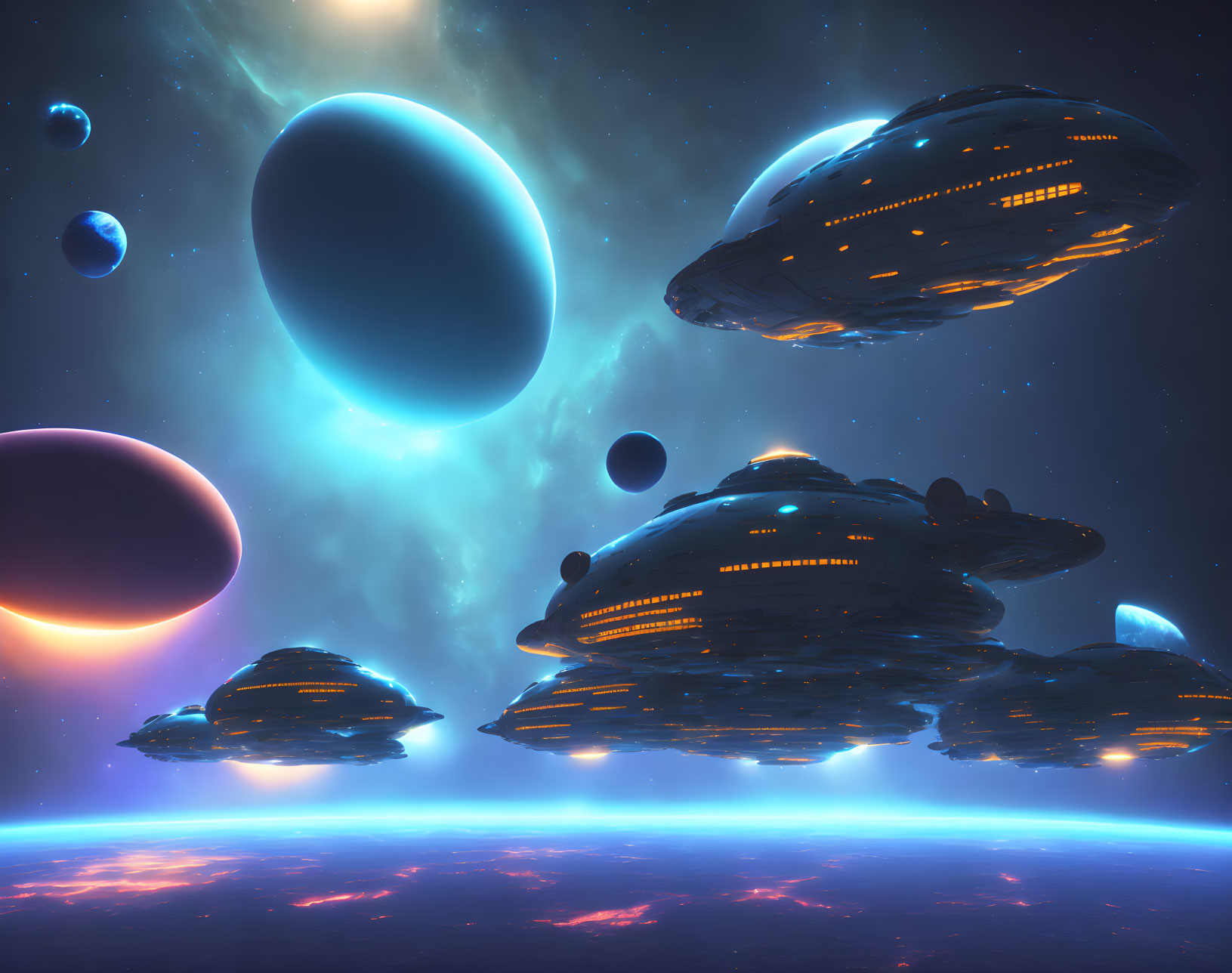 Futuristic sci-fi scene with spacecraft over glowing planet