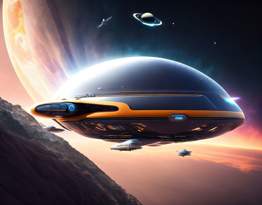 Futuristic spaceship landing on alien planet with spacecraft in sky