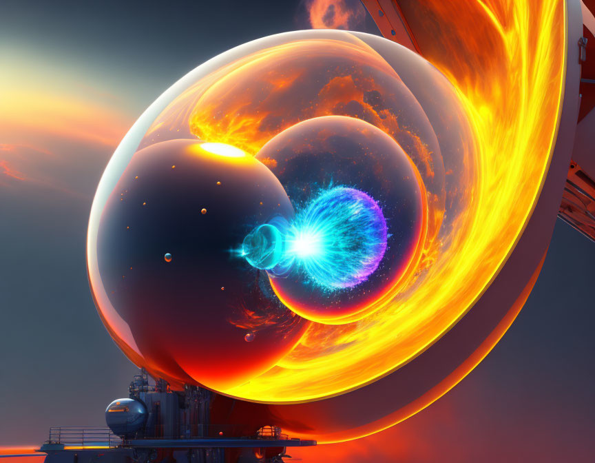 Vibrant digital artwork: Fiery sphere collides with dark orb, creating blue energy pulse near