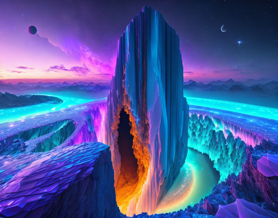 Digital artwork: Glowing geode in alien landscape with neon river