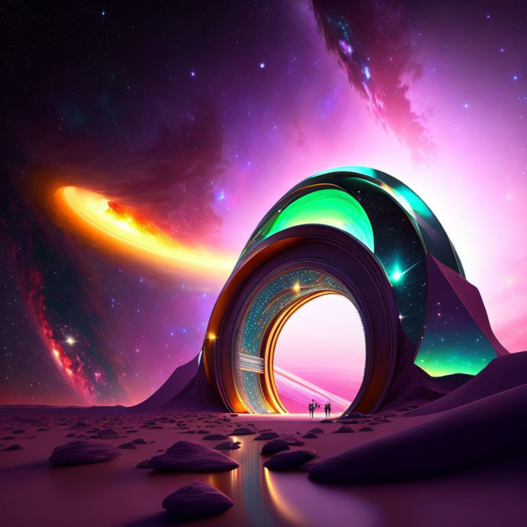 Futuristic portal on alien landscape with couple under vibrant cosmic sky