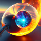 Vibrant digital artwork: Fiery sphere collides with dark orb, creating blue energy pulse near