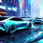 Sleek futuristic cars on reflective surface with neon-lit skyscrapers