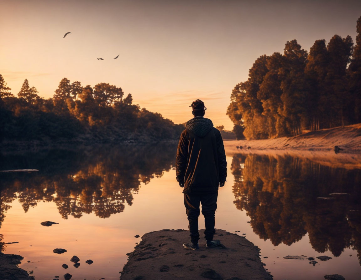 Tranquil sunset scene by river with trees and birds