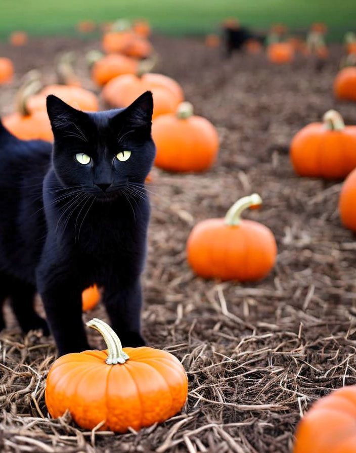 Black Cat Among Orange Pumpkins in Field with Blurred Green Background