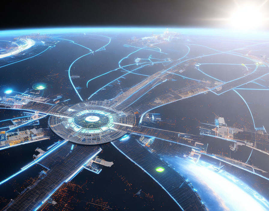 Futuristic cityscape with illuminated roads and circular structures