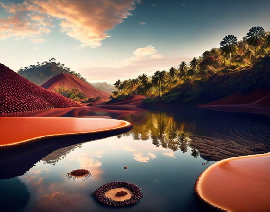 Surreal landscape: Reflective water, crimson hills, palm trees, warm sky, daisy