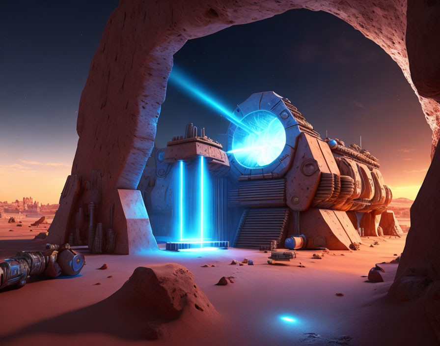 Futuristic desert planet cavern arch with metallic structure emitting blue beam