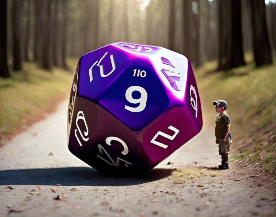 Child gazes at giant purple twenty-sided die in forest path