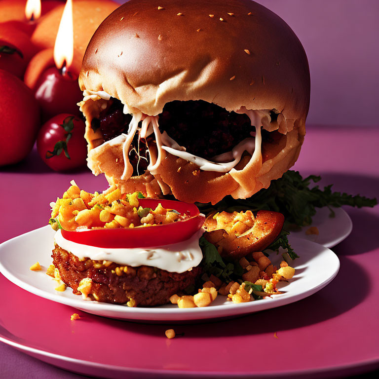 Veggie burger with lettuce and tomato on sesame bun, served with seasoned rice and cherry tomatoes on