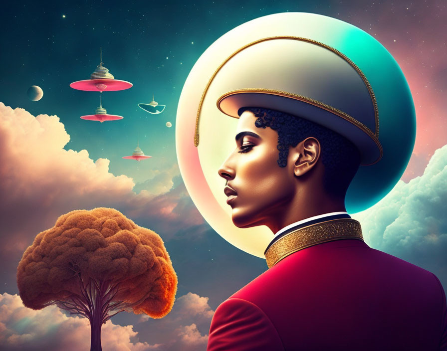 Futuristic helmet portrait against vibrant sky