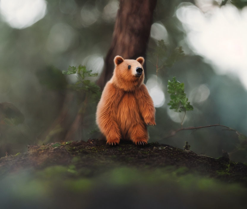 Plush teddy bear in forest setting with dreamy bokeh effect