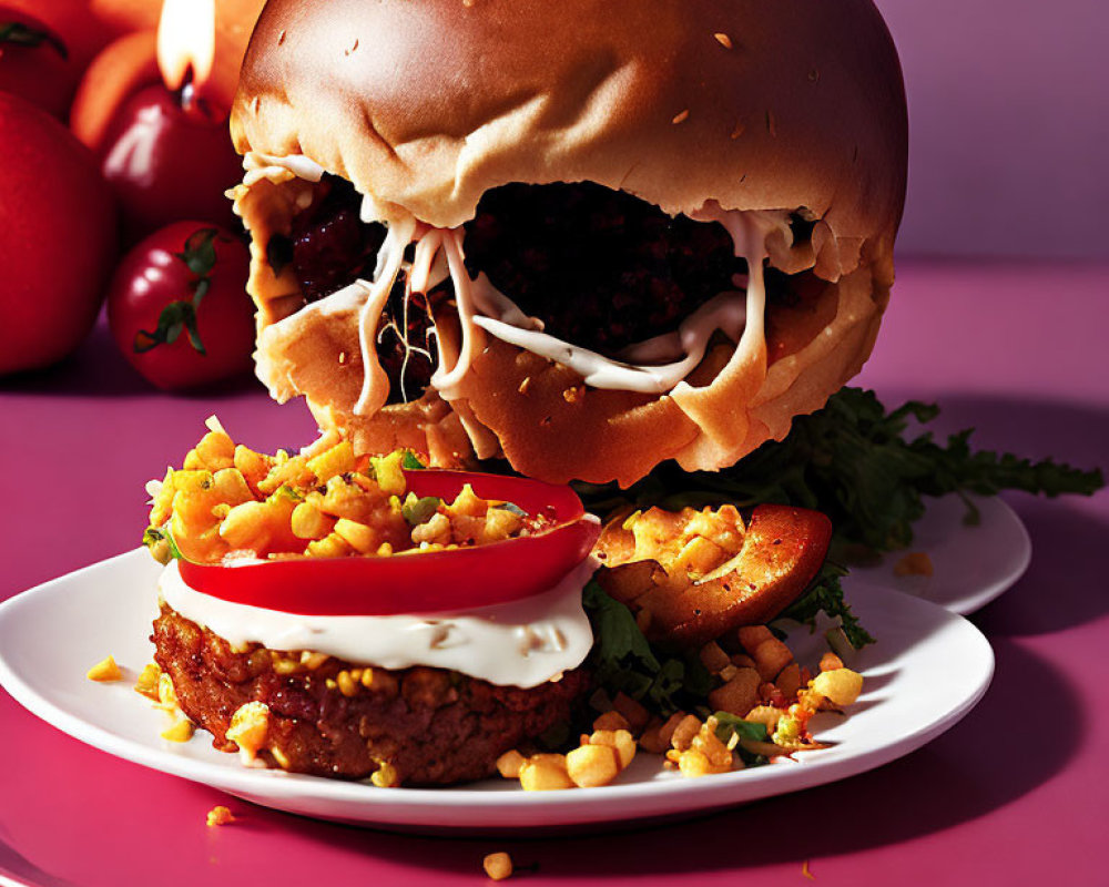 Veggie burger with lettuce and tomato on sesame bun, served with seasoned rice and cherry tomatoes on