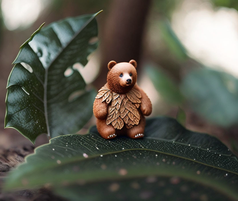 Brown bear figurine with leaf-patterned wings among green leaves and water droplets.