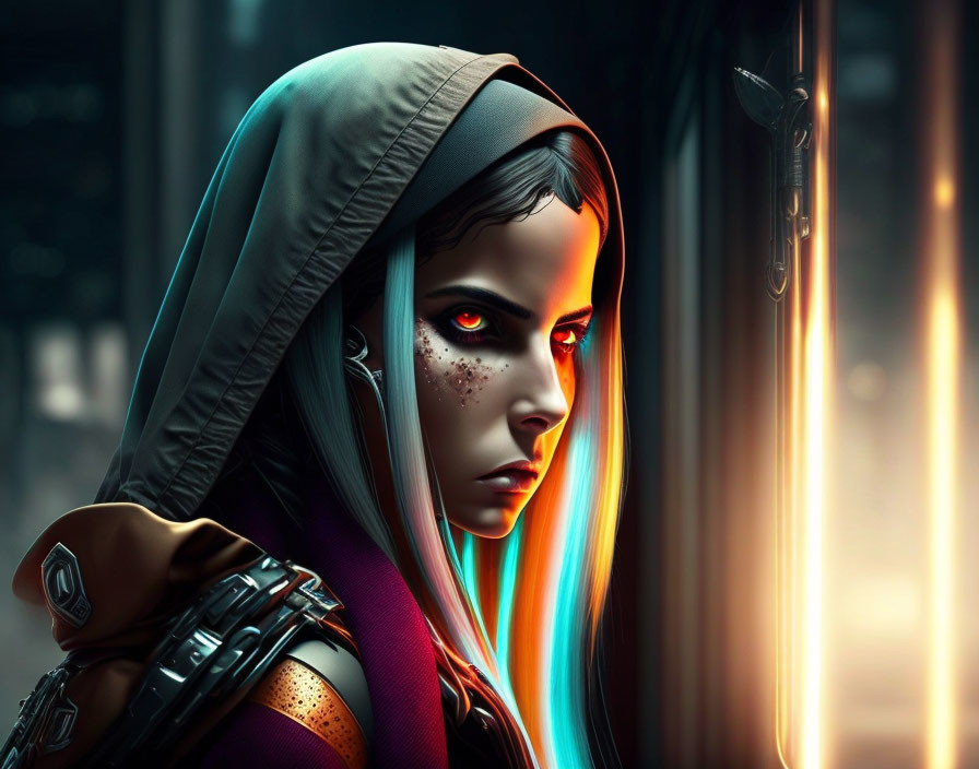 Digital artwork: Woman with glowing red eyes in futuristic hooded outfit