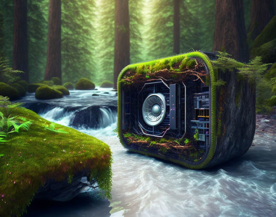 Moss-Covered Rock Computer Case by Stream in Forest