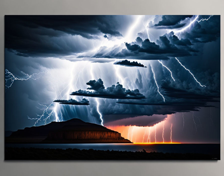 Intense lightning storm over ocean and mesa