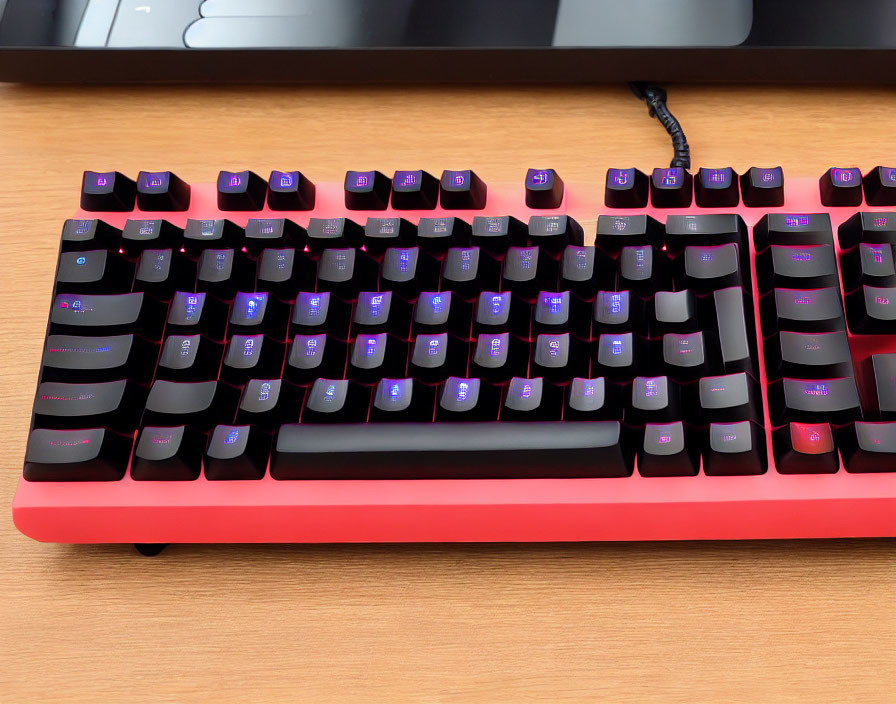 RGB Backlit Mechanical Keyboard on Wood Desk with Red Frame & Black Keycaps