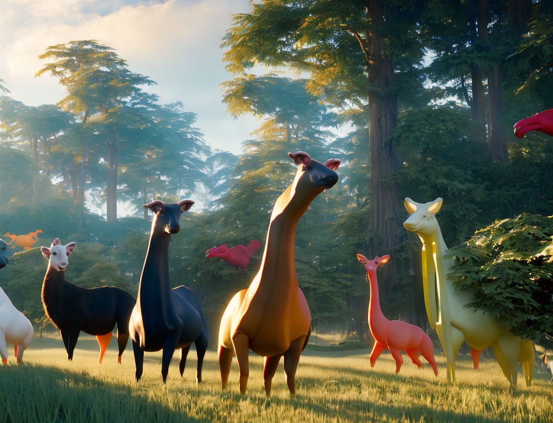 Vibrant Stylized Llamas in Sunlit Forest Clearing