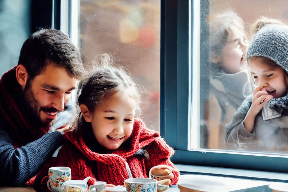 Man and two girls in knitwear by window with cups, creating cozy family scene