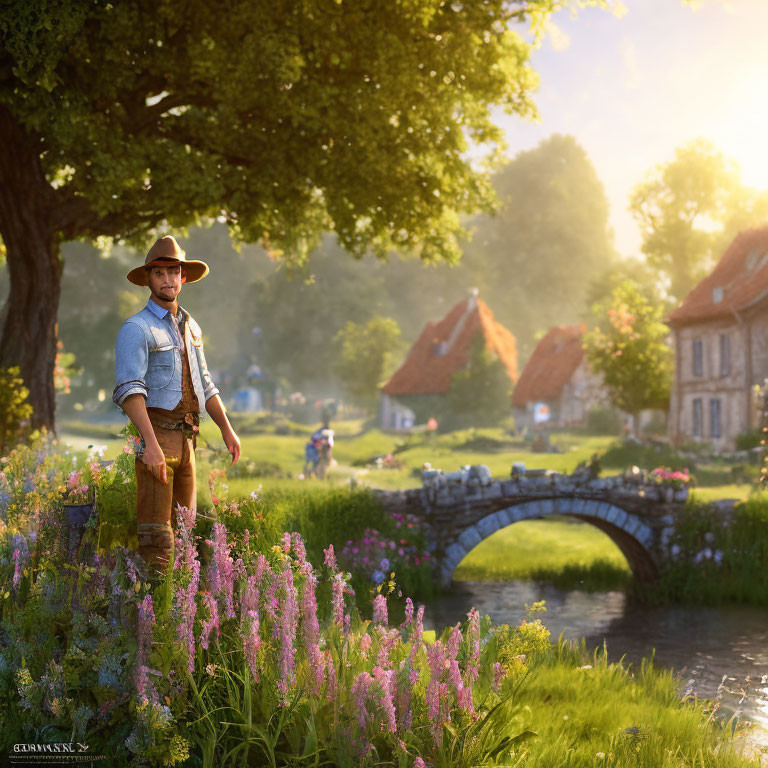 Man in cowboy hat by river with stone bridge and cottages in background