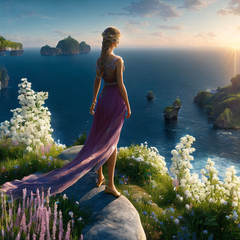 Woman in Purple Gown Overlooking Ocean Sunset with White Flowers