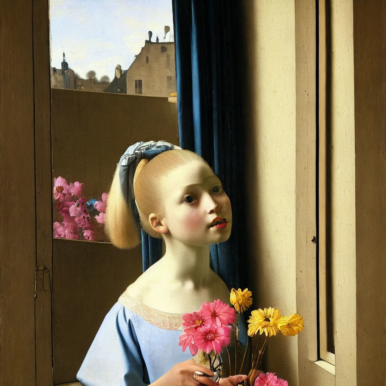 Young woman in blue headscarf gazes out window with flowers, urban landscape in background