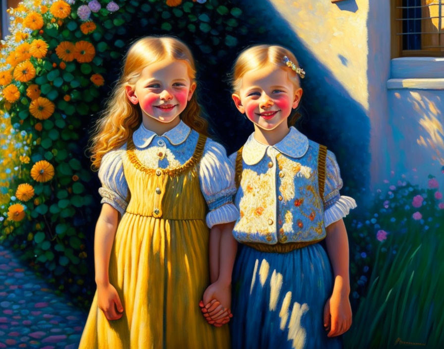 Two girls in matching outfits by sunny flowerbed and blue wall