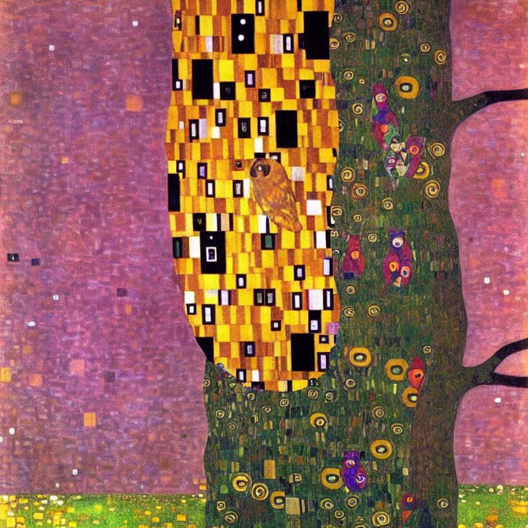 Colorful Pointillistic Tree and Owl Art in Mosaic Style